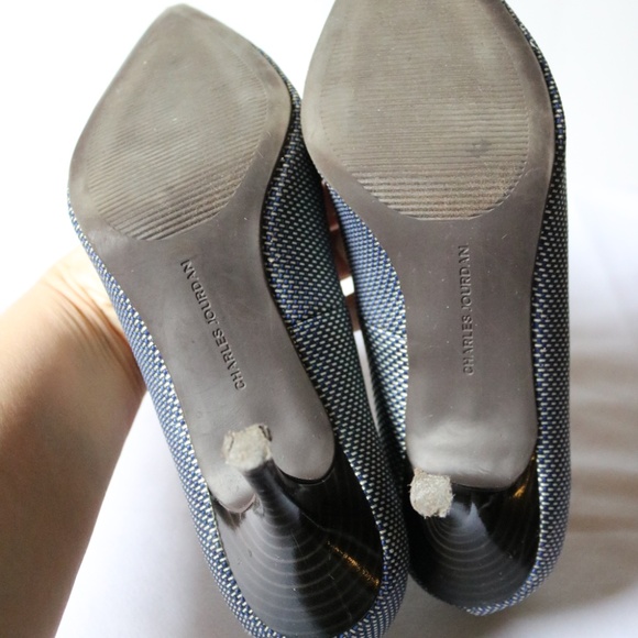 CHARLES JOURDAN 'Teresa' Pointed Toe Pumps 3" Heels Blue Grey Fabric Women's 8 - Picture 12 of 14